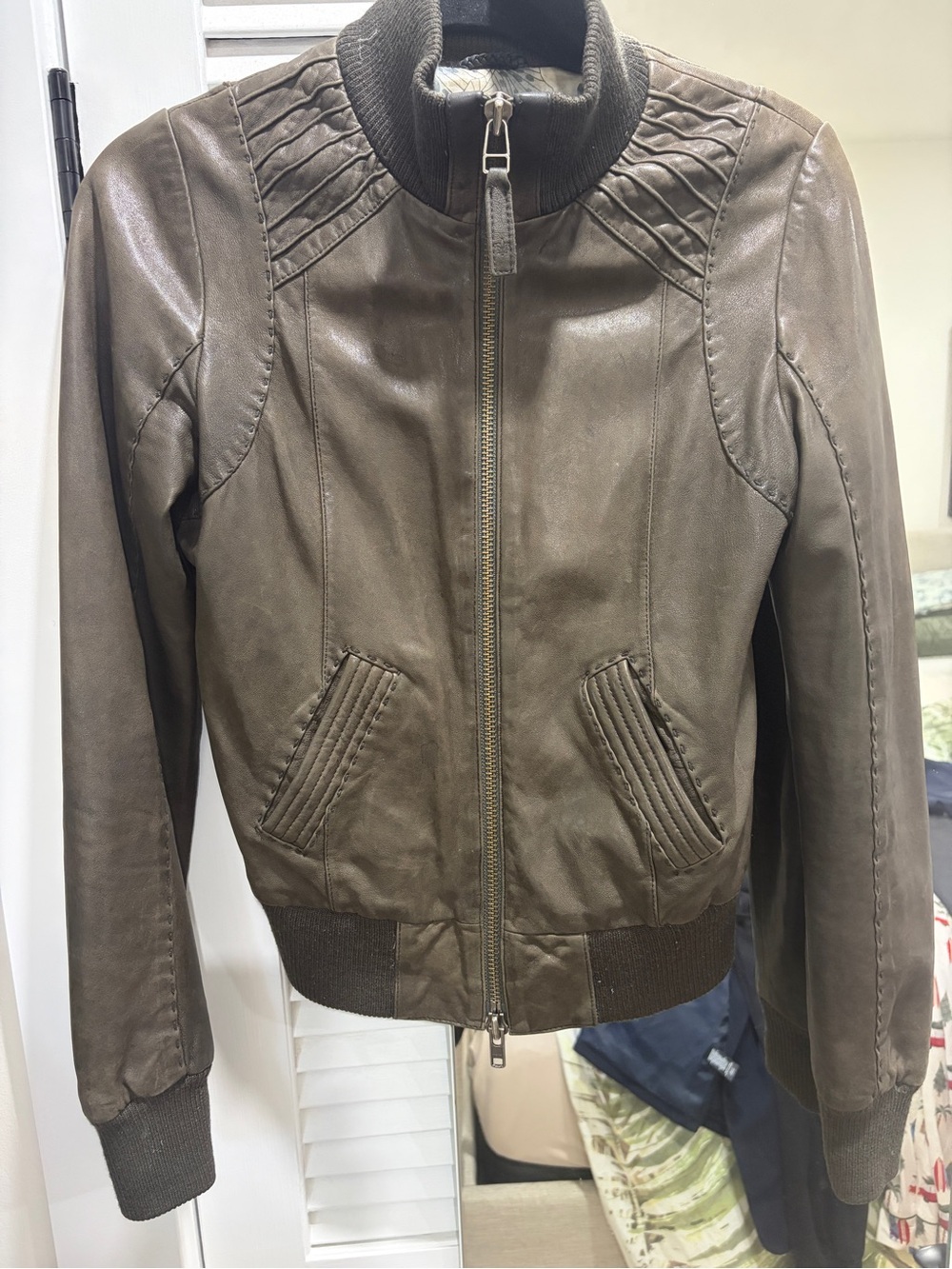 Mackage Brown Leather Bomber Jacket with Ribbed Collar